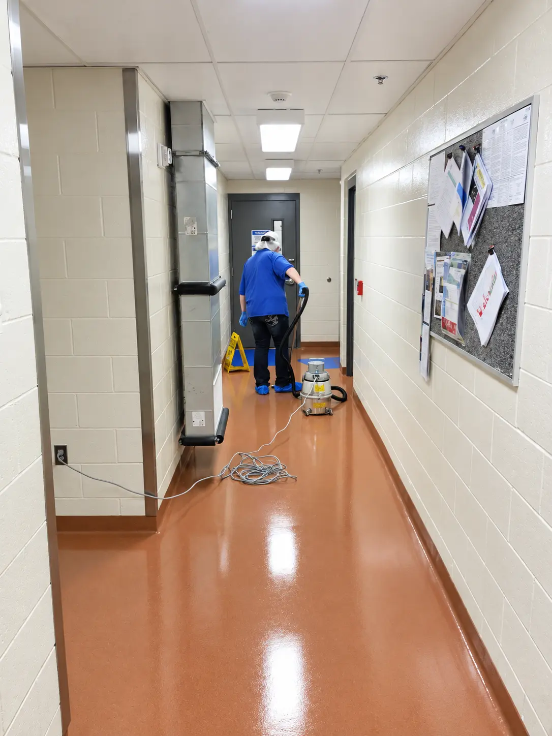 True Clean team member performing floor care in a commercial hallway